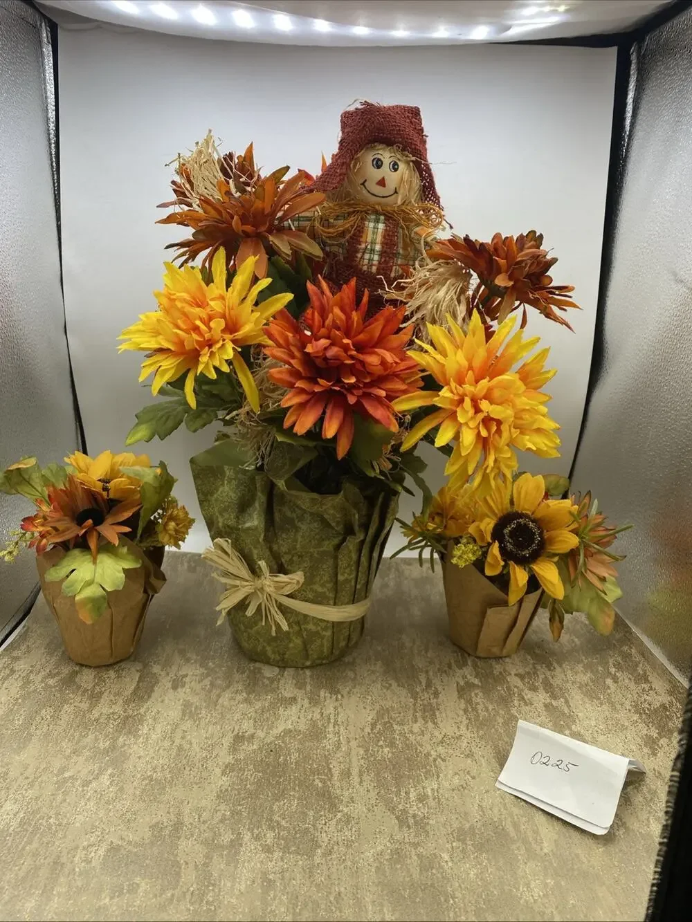 Whimsical Fall Scarecrow Floral Display in Pot Along With 2 Small Floral Pots